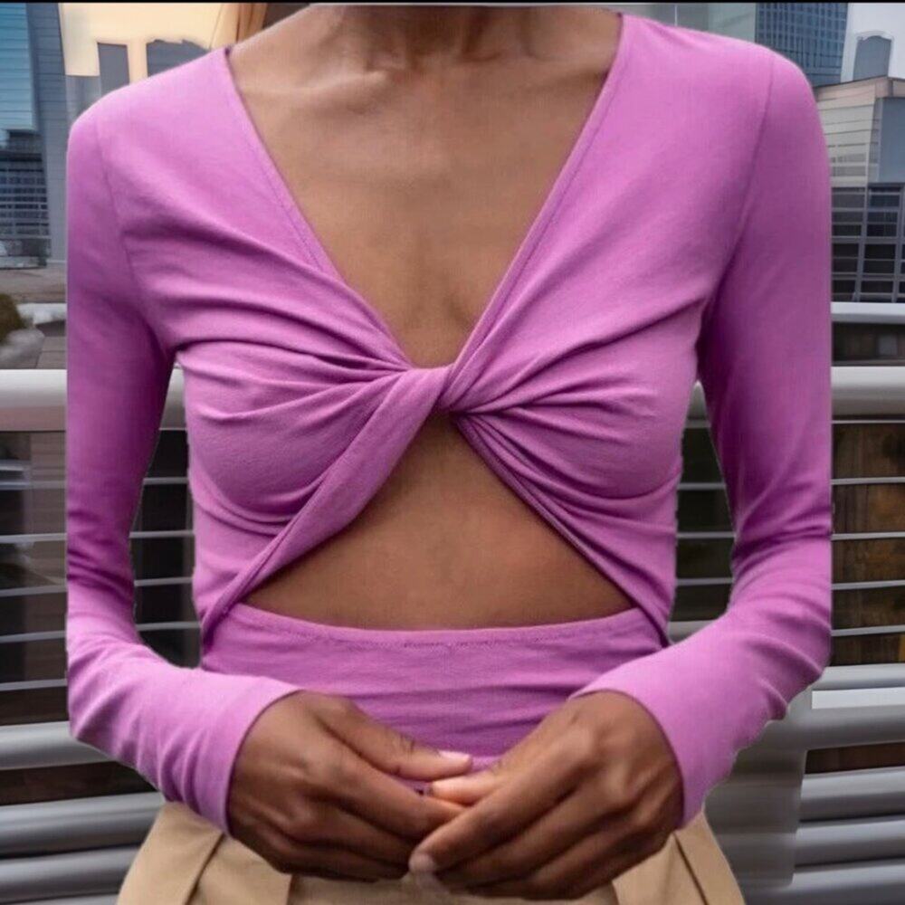 The Drop Women Mauve Twist Front Crop Top Long Sleeve Knit M Signedblake